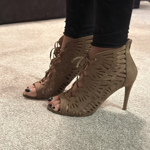 Beige Suede Charlotte Russe Cage Style Lace Up Heeled Booties - Picture 7 of 8